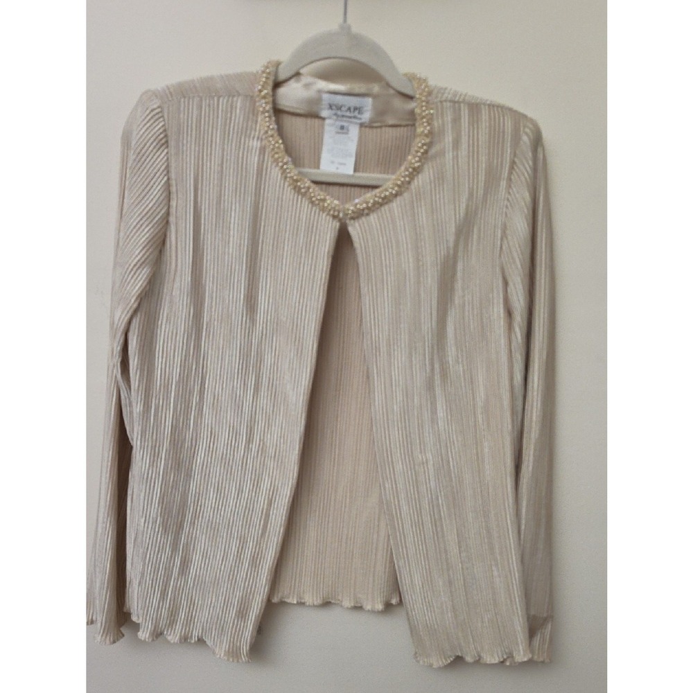 Xscape Vintage Ivory Shimmer Pleated Open-Front Blazer with Pearl Neckline SZ 8 - Picture 1 of 5